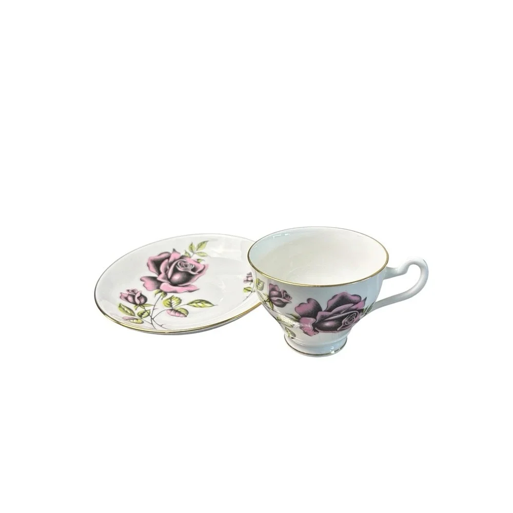 Imperial Fine English Bone China Pink Rose Tea Cup Saucer 22K Gold